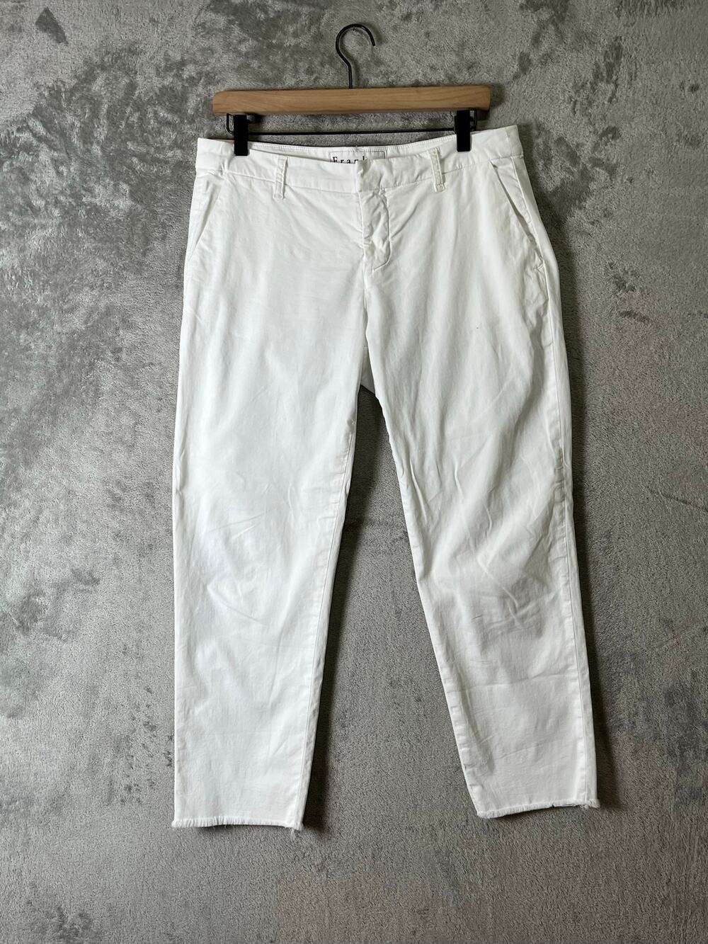 Frank & Eileen Wicklow White Cotton Stretch Chino Pants Cropped Raw Hem USA 8
